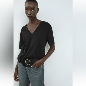 Zara black cotton v neck t shirt tee short sleeve